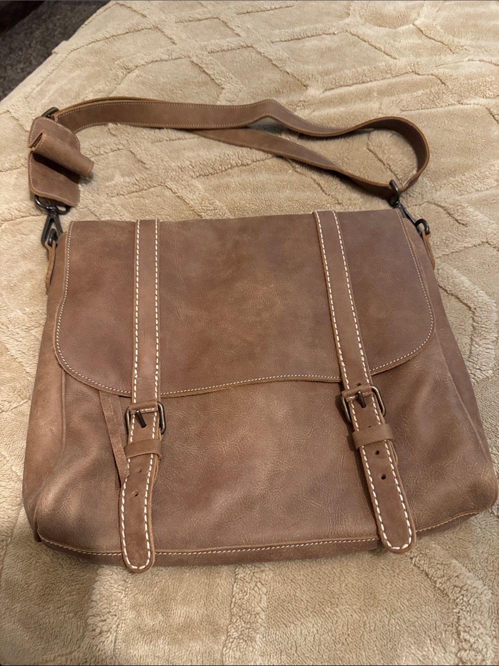 Men's Brown Leather-Look Messenger Bag - Casual Crossbody